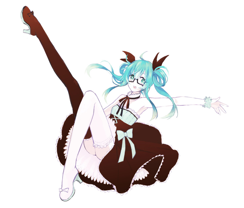 aqua_eyes aqua_hair asymmetrical_legwear bad_id bad_pixiv_id bare_shoulders black-framed_eyewear black_legwear boots bow bow_legwear choker frilled_skirt frills glasses hair_bow hatsune_miku highres lace-trimmed_choker lace-trimmed_legwear lace-up_top lace_trim leg_up long_hair looking_to_the_side lying mismatched_footwear on_back open_mouth outstretched_arm semi-rimless_eyewear simple_background skirt solo thigh_boots thighhighs vocaloid white_background white_legwear wrist_cuffs zombie_neko