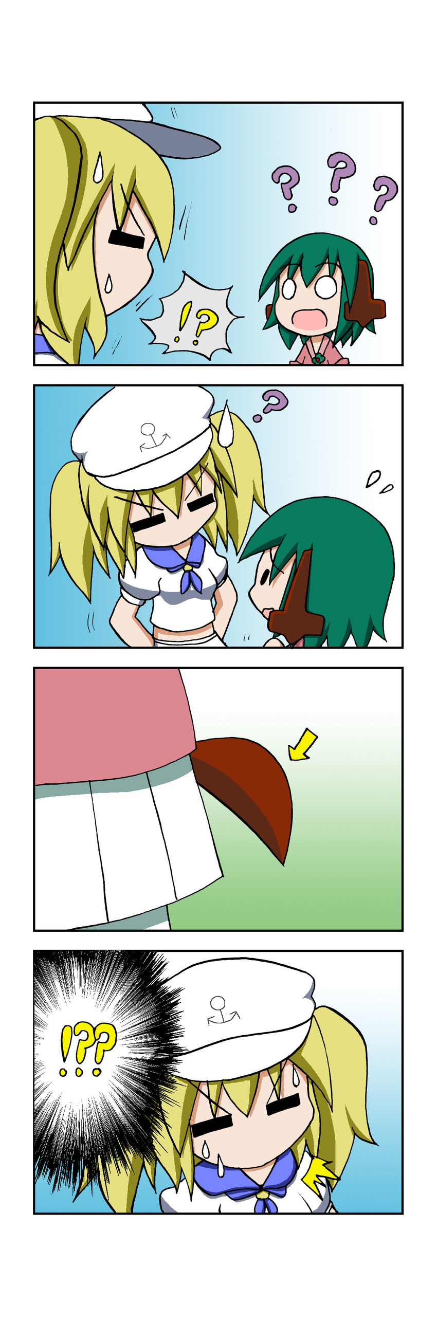 !? /\/\/\ 2girls 4koma ? absurdres anchor_symbol animal_ears blonde_hair chibi closed_eyes comic directional_arrow flying_sweatdrops gradient gradient_background green_hair hat highres kasodani_kyouko kitashirakawa_chiyuri multiple_girls neckerchief o_o open_mouth puffy_short_sleeves puffy_sleeves rakugaki-biyori sailor_hat shirt short_sleeves silent_comic skirt spoken_interrobang surprised sweat sweatdrop tail touhou touhou_(pc-98) twintails