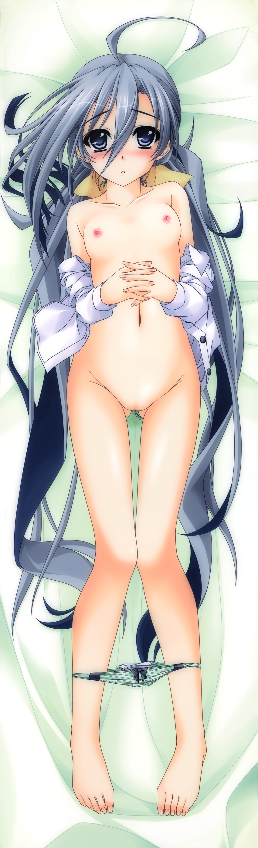 absurdres ahoge aoi_hiro bed_sheet blue_eyes blush bow bow_panties dakimakura flat_chest from_above full-face_blush full_body green_panties grey_hair hair_censor hands_together highres huge_filesize kantai_collection kiyoshimo_(kantai_collection) long_hair long_sleeves looking_at_viewer lying naked_shirt nipples on_back open_clothes open_shirt panties panty_pull polka_dot polka_dot_panties shirt solo thigh_gap toes underwear very_long_hair