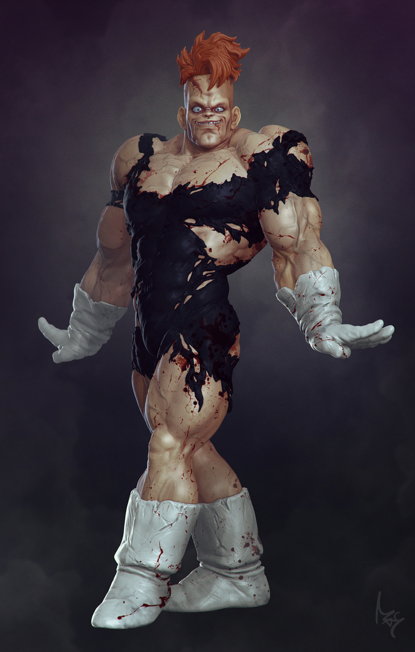 alien big_muscles blood boots clothing dragon_ball dragon_ball_z footwear gloves hair humanoid humor looking_at_viewer male may_thamtarana muscles pose realistic recoome red_hair scar torn_clothing vein wounded