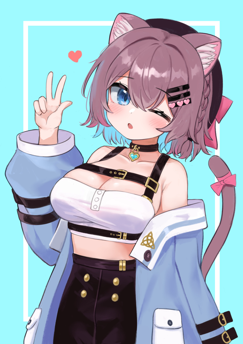 1girl ;o absurdres animal_ears armpit_crease bare_shoulders belt_buckle beret black_choker black_skirt blue_eyes blue_jacket bow braid breasts brown_hair buckle cat_ears cat_girl cat_tail choker cleavage collarbone crop_top hair_ornament hairclip hand_up hat high-waist_skirt highres jacket large_breasts long_sleeves looking_at_viewer midriff off_shoulder one_eye_closed open_clothes open_jacket parted_lips pocari_(sq551) puffy_sleeves revealing_clothes shirt short_hair skirt sleeveless sleeveless_shirt solo tail tail_bow tail_ornament upper_body vrchat w white_shirt