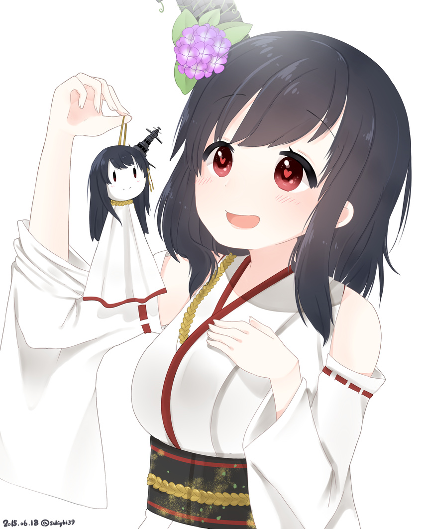 absurdres bare_shoulders black_hair blush dated detached_sleeves flower fusou_(kantai_collection) hair_flower hair_ornament hand_on_own_chest heart heart-shaped_pupils highres kantai_collection nontraditional_miko obi red_eyes ribbon-trimmed_sleeves ribbon_trim sash short_hair symbol-shaped_pupils teruterubouzu twitter_username upper_body yamashiro_(kantai_collection) yukichi_(sukiyaki39)