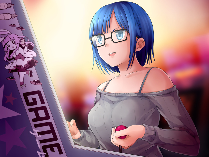 arcade_cabinet bare_shoulders blue_eyes blue_hair bra_strap breasts bunny_girl carrot controller energy_gun flying_saucer game_cg geta glasses highres huniepop indoors japanese_clothes joystick kimono medium_breasts nikki_ann-marie ninamo non-web_source obi off-shoulder_sweater playing_games ray_gun ribbed_sweater sash short_hair solo space_craft star sweater ufo weapon