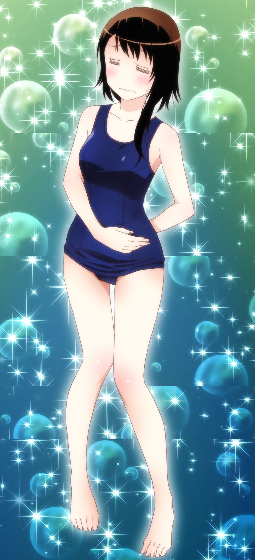 =_= absurdres barefoot brown_hair closed_eyes hand_on_own_stomach highres nisekoi old_school_swimsuit one-piece_swimsuit onodera_kosaki school_swimsuit screencap short_hair solo sparkle swimsuit wavy_mouth