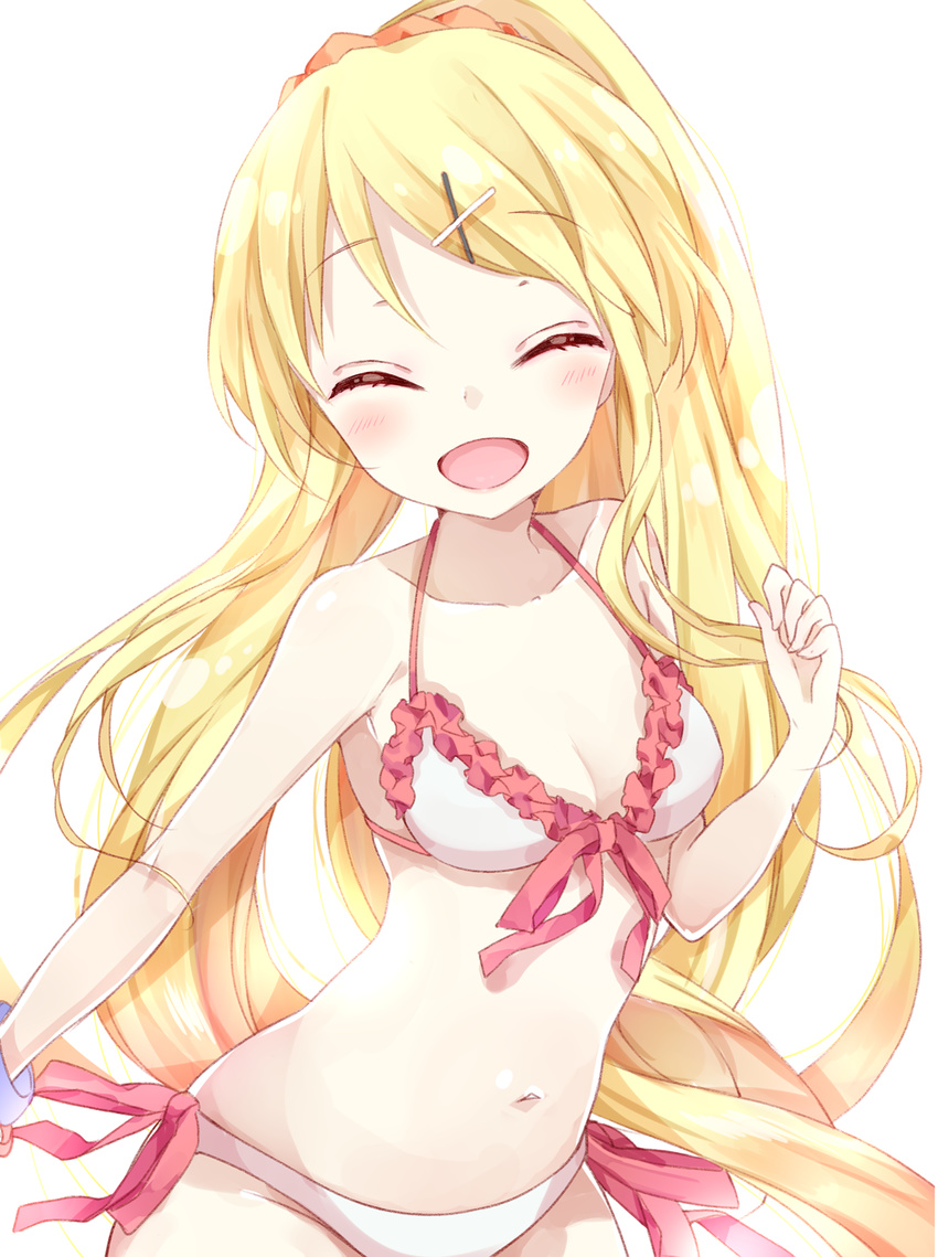 :d ^_^ bikini blonde_hair breasts chico152 closed_eyes facing_viewer hair_ornament hairclip highres kin-iro_mosaic kujou_karen lipstick long_hair makeup navel open_mouth ponytail small_breasts smile solo swimsuit x_hair_ornament