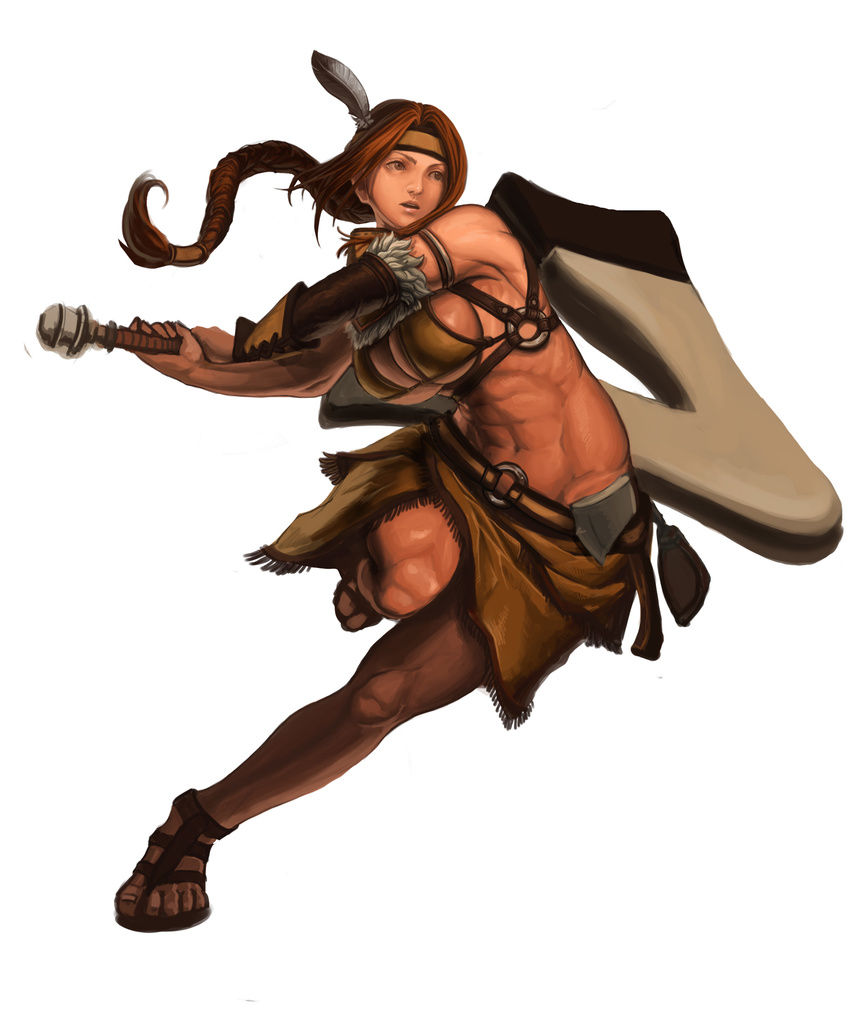 abs absurdres axe bad_id bad_pixiv_id breasts brown_eyes brown_hair canteen detached_sleeves head_feathers headband highres holding holding_weapon huge_weapon large_breasts long_hair looking_to_the_side low-tied_long_hair midriff muscle muscular_female native_american original ribs sandals sideboob skirt solo throwing throwing_stick tomahawk underboob warrior weapon wolflamb