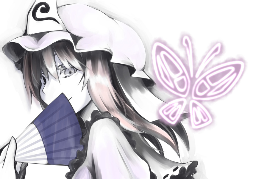 closed_mouth covering_mouth fan folding_fan grey_eyes hat highres japanese_clothes looking_at_viewer looking_to_the_side mob_cap pink_hair portrait saigyouji_yuyuko simple_background smile solo touhou triangular_headpiece volkies white_background white_skin