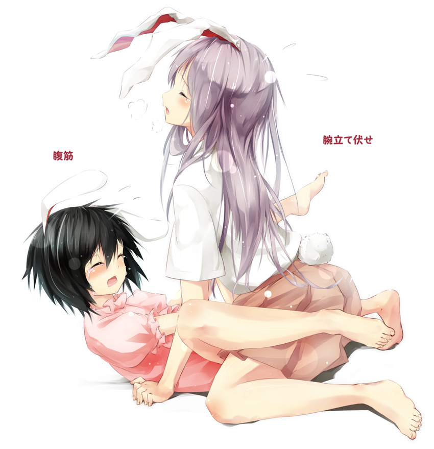 animal_ears barefoot black_hair bunny_ears bunny_tail closed_eyes commentary_request dress flying_sweatdrops gorilla_(bun0615) heavy_breathing highres inaba_tewi long_hair missionary multiple_girls open_mouth pink_dress purple_hair reisen_udongein_inaba sexually_suggestive shirt skirt tail tears touhou translated underwear very_long_hair yuri