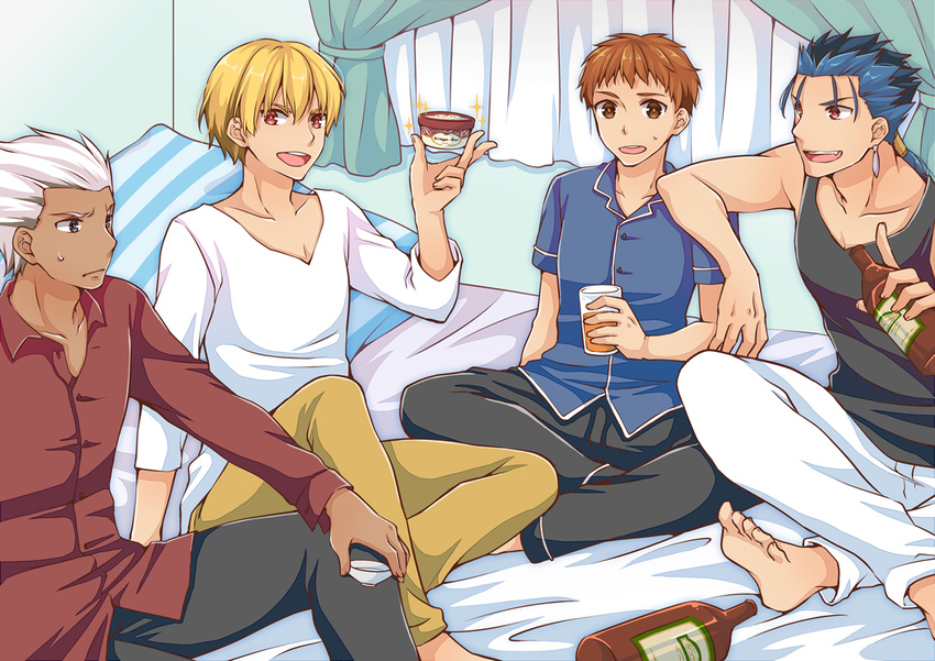 :d archer asazuki_norito barefoot blonde_hair blue_hair bottle brown_eyes cup emiya_shirou fate/stay_night fate_(series) gilgamesh glass haagen-dazs lancer male_focus multiple_boys open_mouth orange_hair pajamas red_eyes sakazuki shirt short_hair sitting smile sparkle white_hair