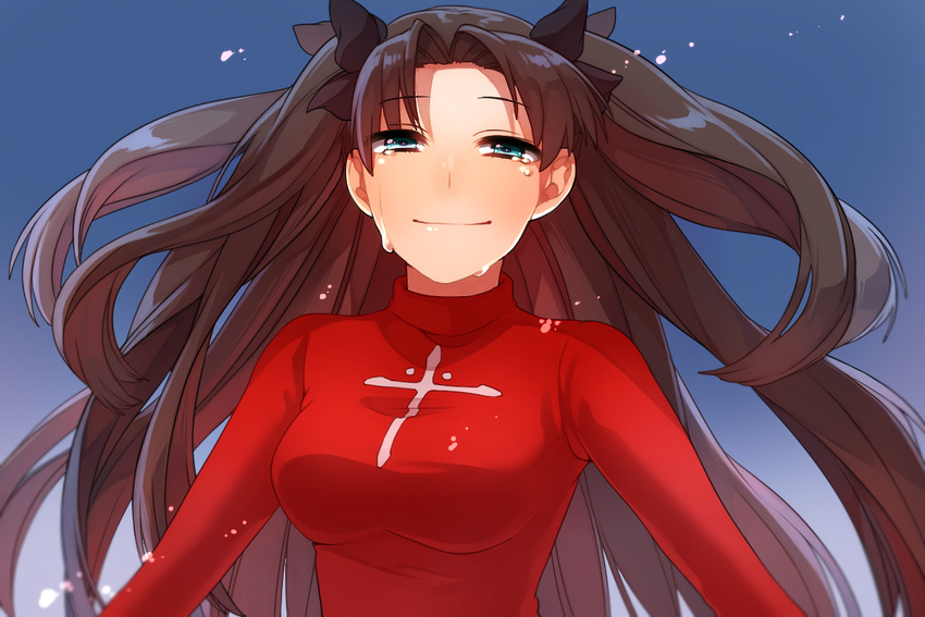 bad_id bad_pixiv_id black_hair blue_eyes breasts fate/stay_night fate_(series) long_hair looking_at_viewer maguro_(ma-glo) medium_breasts smile solo tears toosaka_rin turtleneck two_side_up