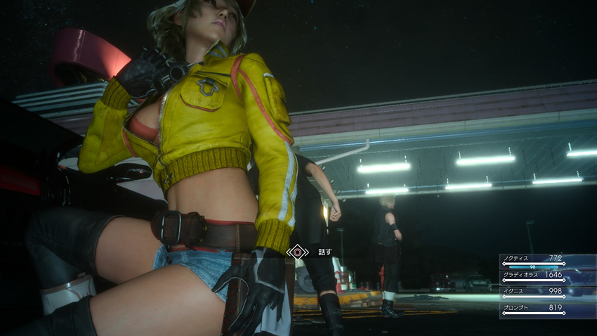 1girl 3d belt bikini black_gloves blonde_hair blue_shorts breasts cidney_aurum cleavage denim denim_shorts final_fantasy final_fantasy_xv gloves large_breasts midriff short_shorts shorts squat squatting swimsuit unzipped yellow_jacket zipper