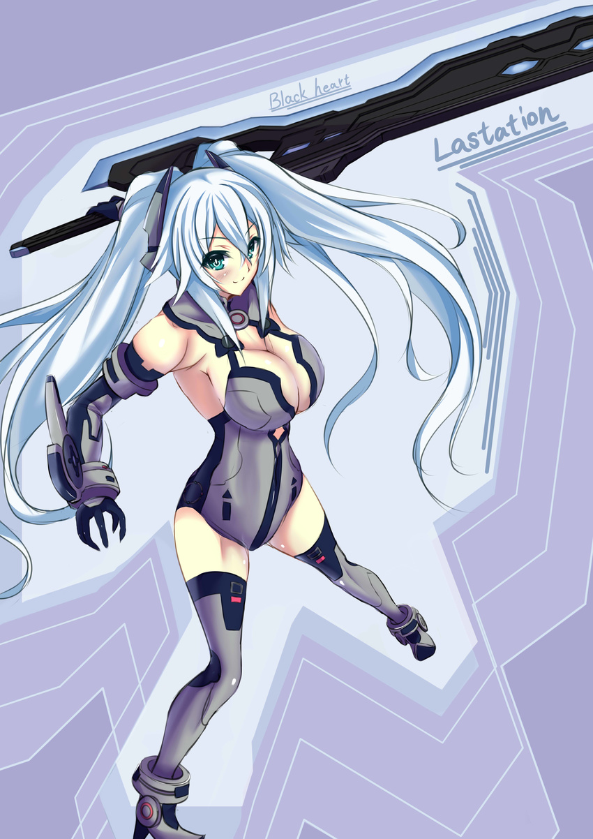 absurdres alternate_breast_size anklet aqua_eyes armlet armpits bad_id bad_pixiv_id bangs bare_shoulders black_heart blush bracer breasts character_name cleavage cleavage_cutout elbow_gloves english fighting_stance from_side full_body gloves grey_legwear hair_between_eyes halterneck headgear high_heels highres holding holding_weapon huge_weapon ill jewelry large_breasts legs_apart leotard light_smile long_hair looking_at_viewer magical_girl neptune_(series) power_symbol sideboob sidelocks smile solo standing sword symbol-shaped_pupils thighhighs turtleneck twintails very_long_hair weapon white_hair