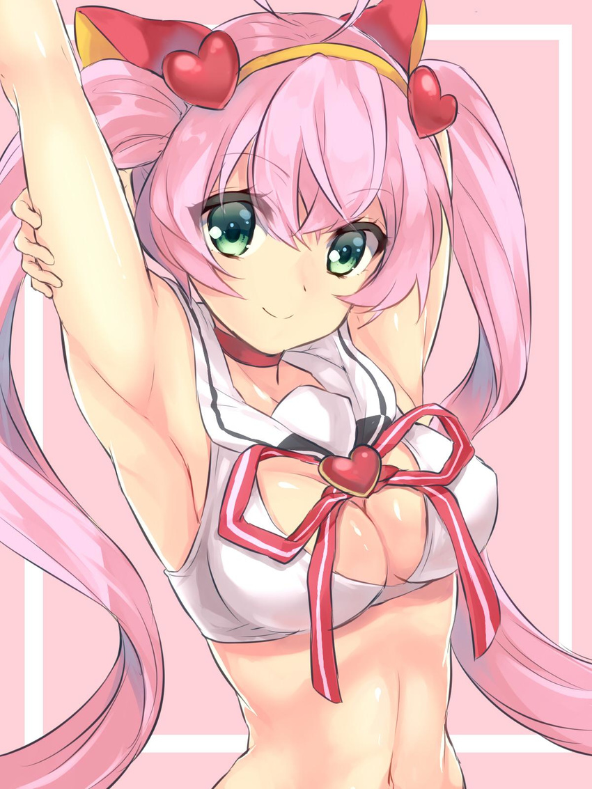 animal_ears arm_behind_head armpits arms_up bow breasts cleavage cleavage_cutout crop_top fake_animal_ears green_eyes hair_bow hairband highres long_hair looking_at_viewer maruki_(punchiki) medium_breasts navel pink_hair rosia_(show_by_rock!!) show_by_rock!! smile solo twintails upper_body very_long_hair yellow_hairband