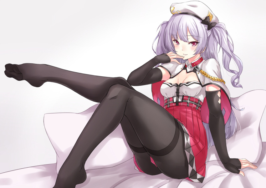 ajax_(azur_lane) anthropomorphism asya azur_lane bed breasts cape elbow_gloves gloves gray_hair hat long_hair pantyhose red_eyes skirt twintails