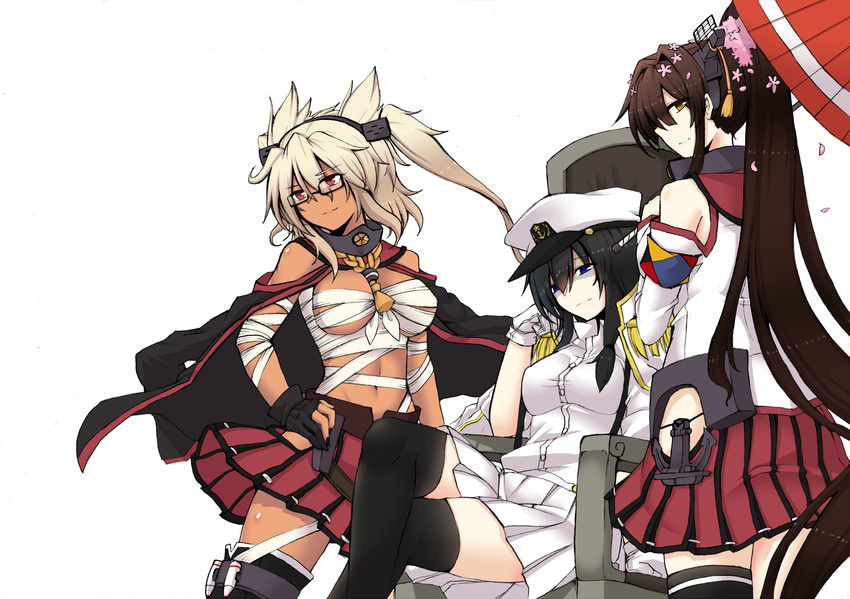 black_hair blonde_hair blue_eyes breasts brown_eyes brown_hair budget_sarashi chair cherry_blossoms collarbone dark_skin detached_sleeves female_admiral_(kantai_collection) flower fumotewi glasses gloves hair_flower hair_ornament hand_on_hip hat headgear highres kantai_collection large_breasts light_smile long_hair looking_at_viewer looking_back looking_to_the_side military military_uniform miniskirt multiple_girls musashi_(kantai_collection) naval_uniform navel oriental_umbrella pleated_skirt pointy_hair ponytail red_eyes red_umbrella sarashi shaded_face short_hair short_sleeves simple_background single_thighhigh sitting skirt standing thighhighs twintails two_side_up umbrella uniform very_long_hair white_background yamato_(kantai_collection) zettai_ryouiki