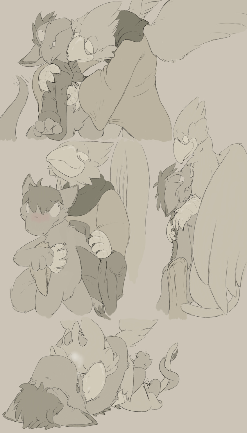 age_difference ambiguous_gender avian bird black_and_white blush clothing comic duo emusal from_behind grope gryphon male monochrome penetration plain_background size_difference unknown_species