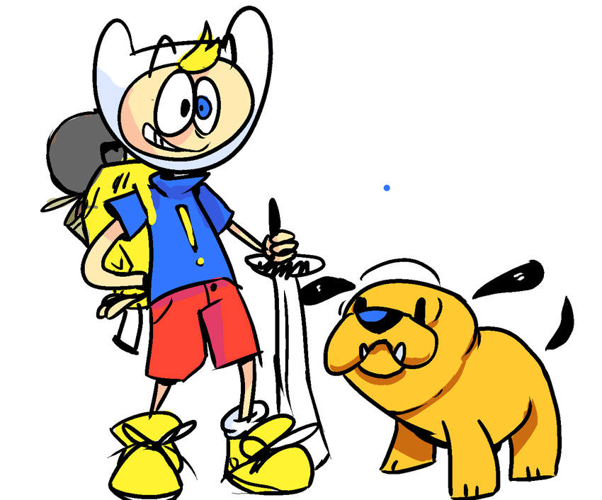 adventure_time blue_eyes canine dog finn_the_human human jake_the_dog male mammal melee_weapon redesign sword weapon