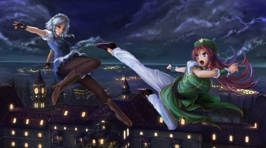 apron beret blue_eyes boots braid brown_legwear chinese_clothes colorized fingerless_gloves flats flying flying_kick freeze-ex gloves grin hat hong_meiling izayoi_sakuya kicking long_hair maid_headdress multiple_girls night night_sky outdoors pants pantyhose puffy_short_sleeves puffy_sleeves red_hair scarlet_devil_mansion shoes short_hair short_sleeves silver_hair sky smile star touhou twin_braids waist_apron work_in_progress wrist_cuffs