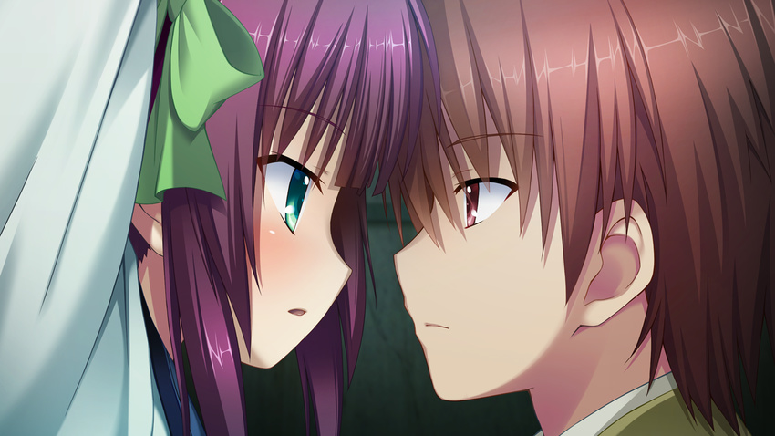 1girl angel_beats! brown_eyes brown_hair close-up eye_contact face-to-face game_cg green_eyes looking_at_another na-ga otonashi_(angel_beats!) purple_hair ribbon yuri_(angel_beats!)