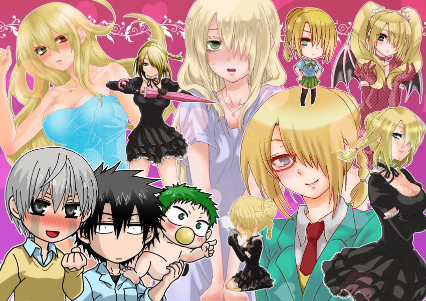 1girl 3boys baby baby_be'el baby_be'el beelzebub_(manga) blush choker demon_wings glasses gradient gradient_background hilda_(beelzebub) multiple_boys necklace ninomae_gin oga_tatsumi umbrella wings