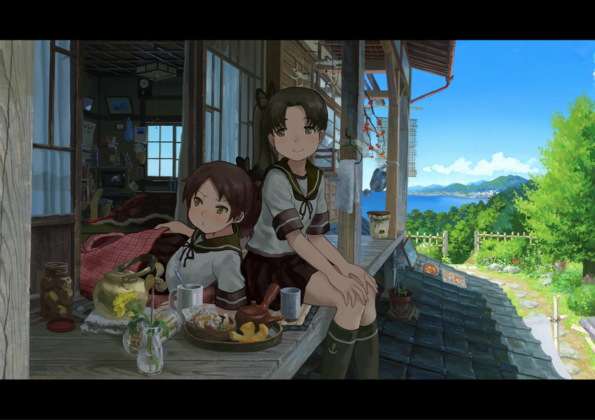 aircraft airplane anchor_symbol architecture ayanami_(kantai_collection) bay black_legwear blanket blue_sky book bow brown_hair calendar_(object) clock cloud commentary_request cup day east_asian_architecture fence flower flower_pot green_eyes grill hair_bow hair_ribbon highres jar kantai_collection kettle kotatsu letterboxed looking_at_another looking_away lying mobile mug multiple_girls on_side orange_peel paint_(medium) picture_frame plant ponytail porch pot potted_plant pout ribbon rooftop school_uniform serafuku shichirin shijukara_(great_tit) shikinami_(kantai_collection) side_handle_teapot side_ponytail sitting sky snack socks table teapot television towel traditional_media trash_can tree watering_can window yunomi
