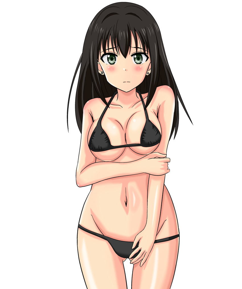 bikini black_bikini blush breasts brown_hair green_eyes groin highres idolmaster idolmaster_cinderella_girls long_hair looking_at_viewer medium_breasts navel shibuya_rin simple_background solo swimsuit takumi_(rozen_garten)