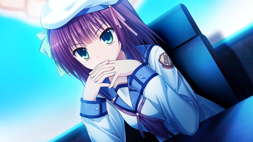 angel_beats! beret blue_eyes game_cg gendou_pose hands_clasped hat na-ga own_hands_together purple_hair school_uniform shinda_sekai_sensen_uniform solo yuri_(angel_beats!)