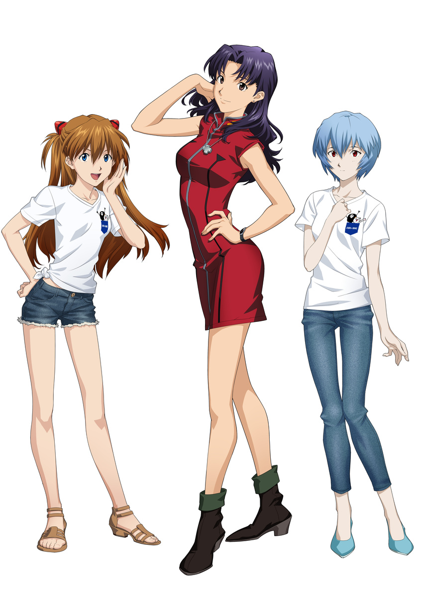 :d absurdres adjusting_hair age_difference alternate_costume ankle_boots armpits ayanami_rei bangs belly_peek blue_eyes blue_hair blush boots breasts brown_hair capri_pants clenched_hand cross cross_necklace crossed_legs cutoffs daigaku_honyaku_center denim denim_shorts dress earrings from_side full_body grey_eyes hair_between_eyes hair_ornament hand_on_hip hand_on_own_chest high_heel_boots high_heels highres jeans jewelry katsuragi_misato legs light_smile long_hair long_legs looking_at_viewer multiple_girls necklace neon_genesis_evangelion no_socks official_art open_mouth pale_skin pants red_dress red_eyes sachiel sandals shirt shoes short_dress short_hair short_shorts short_sleeves shorts simple_background skinny sleeveless sleeveless_dress small_breasts smile souryuu_asuka_langley standing t-shirt tamagawa_yoshiko thigh_gap tied_shirt toes turtleneck two_side_up watch watson_cross wavy_hair white_background white_shirt wristwatch