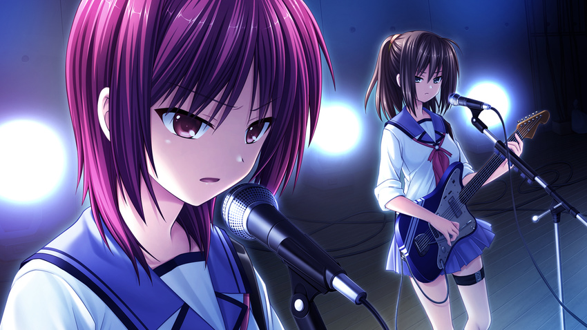 angel_beats! fender_jaguar game_cg guitar hisako_(angel_beats!) instrument iwasawa microphone microphone_stand multiple_girls na-ga school_uniform serafuku shinda_sekai_sensen_uniform skirt thigh_strap