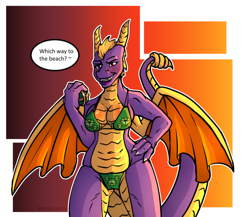 2018 anthro big_breasts bikini biobasher breasts clothing crossgender dialogue dragon female invalid_tag looking_at_viewer nipple_bulge smile solo spyro spyro_the_dragon standing swimsuit video_games wide_hips