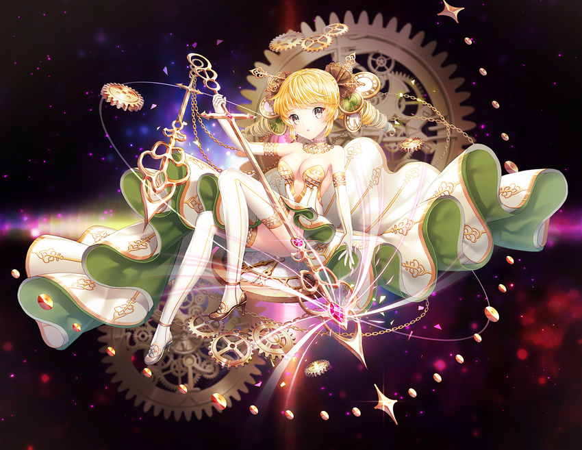 bare_shoulders blonde_hair breasts cleavage clock drill_hair elbow_gloves gears gloves gold hair_ornament jewelry long_hair medium_breasts original polearm saban solo thighhighs twin_drills weapon