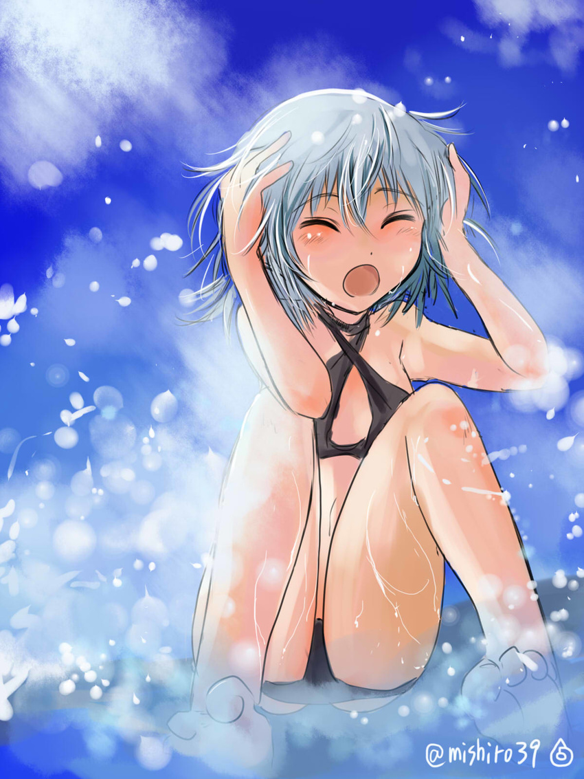 bikini black_bikini blue_sky closed_eyes cloud day hands_on_own_head highres mishiro_shinza open_mouth sanya_v_litvyak short_hair silver_hair sky solo strike_witches swimsuit twitter_username water world_witches_series