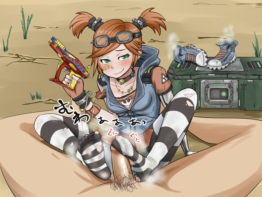 1girl bandaid blush borderlands borderlands_2 brown_hair feet footjob gaige goggles green_eyes mechanical_arm no_shoes pantyhose penis phb red_hair shoes_removed short_twintails smell smile smirk sockjob soles striped striped_legwear toes twin twintails uncensored