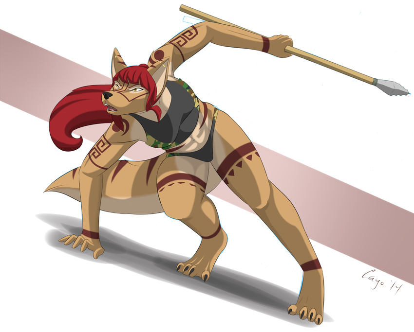 2014 5_fingers anthro canine cayo clothing coyote female fur hair malani_(cayo) mammal melee_weapon panties polearm pose red_hair shirt solo spear tan_fur underwear weapon yellow_eyes