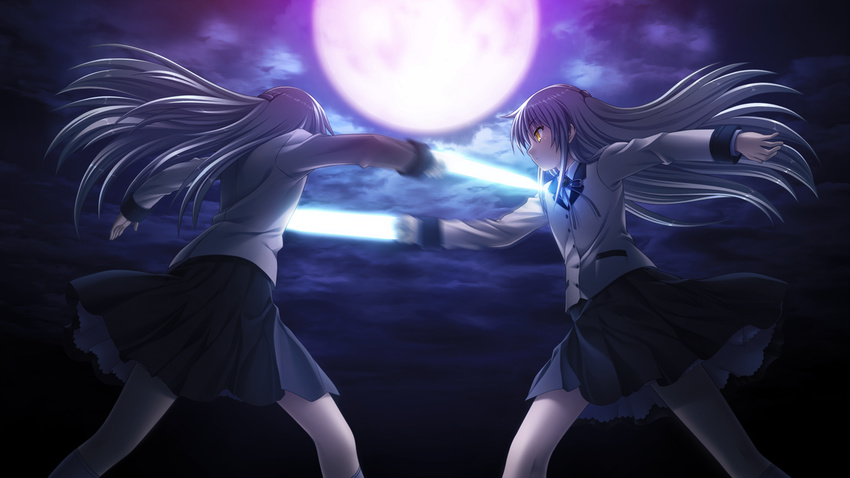 angel_beats! battle cloud cloudy_sky dual_persona duel game_cg hand_sonic moon multiple_girls na-ga school_uniform siblings skirt sky tenshi_(angel_beats!) twins weapon white_hair yellow_eyes