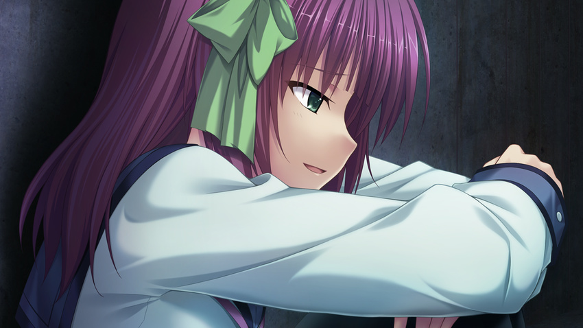 angel_beats! collared_shirt game_cg green_eyes green_ribbon hair_ribbon indoors na-ga purple_eyes ribbon school_uniform serafuku shinda_sekai_sensen_uniform shirt solo yuri_(angel_beats!)