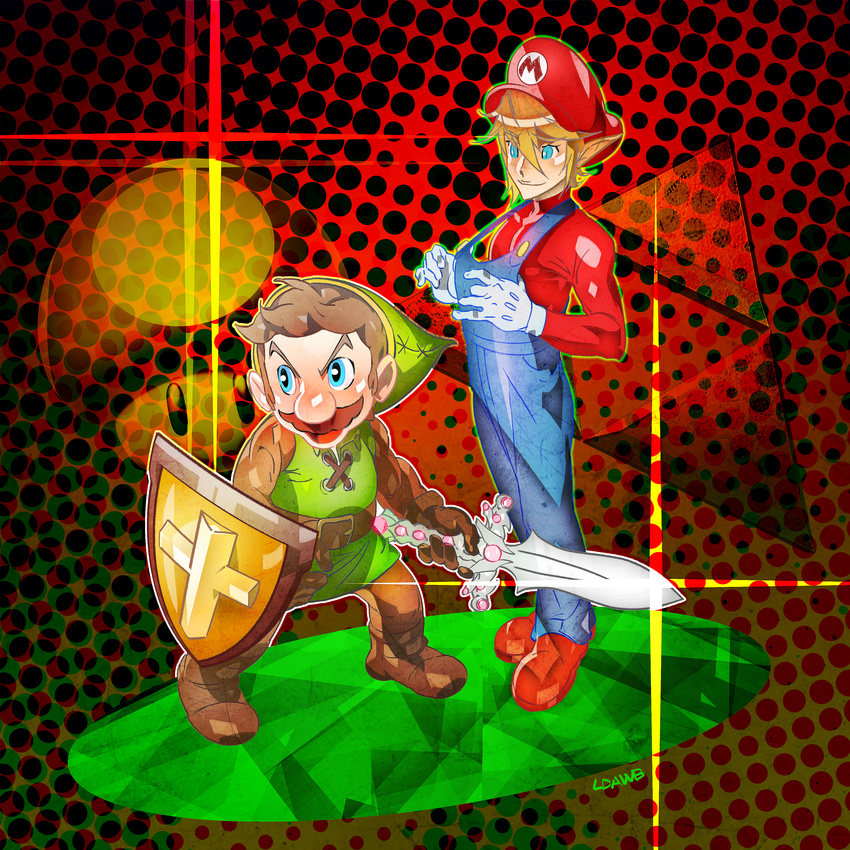 absurdres blue_eyes brown_hair cosplay costume_switch facial_hair gloves hat height_difference highres holding holding_sword holding_weapon huge_filesize larry_d_warren_jr. left-handed link link_(cosplay) male_focus mario mario_(cosplay) mario_(series) multiple_boys mustache overalls pointy_ears shield super_mario_bros. sword the_legend_of_zelda tunic weapon white_gloves