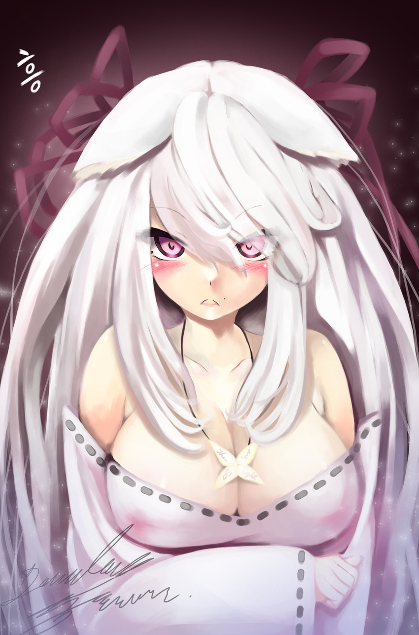 absurdres bare_shoulders blush breasts cleavage crossed_arms detached_sleeves dress hair_between_eyes hair_ribbon highres jewelry large_breasts long_hair looking_at_viewer mole mole_under_mouth necklace off-shoulder_dress off_shoulder original purple_eyes ribbon signature silver_hair solo torieto