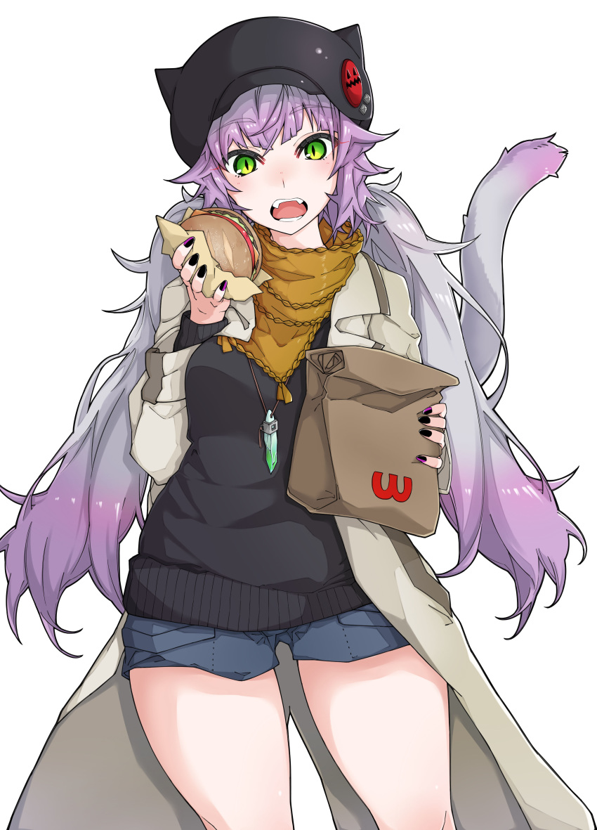 1girl absurdres animal_ears animal_hat atalanta_(alter)_(fate) atalanta_(fate) bag bangs black_hat black_nails black_sweater blue_shorts brand_name_imitation breasts brown_coat cabbie_hat cat_ears cat_girl cat_hat cat_tail coat eyebrows_visible_through_hair fangs fate/grand_order fate_(series) food gradient_hair green_eyes hair_between_eyes hamburger hat head_tilt highres holding holding_food kirishina_(raindrop-050928) long_sleeves multicolored multicolored_hair multicolored_nails nail_polish open_clothes open_coat open_mouth paper_bag purple_hair purple_nails short_shorts shorts silver_hair simple_background small_breasts solo sweater tail tail_raised white_background