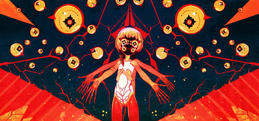 abstract asgr blonde_hair extra_eyes eyelashes eyes hands_together highres horror_(theme) long_fingers looking_at_viewer multiple_arms multiple_monochrome orange_(color) original outstretched_arms parted_lips polka_dot smile solo standing symmetry tail tears yellow