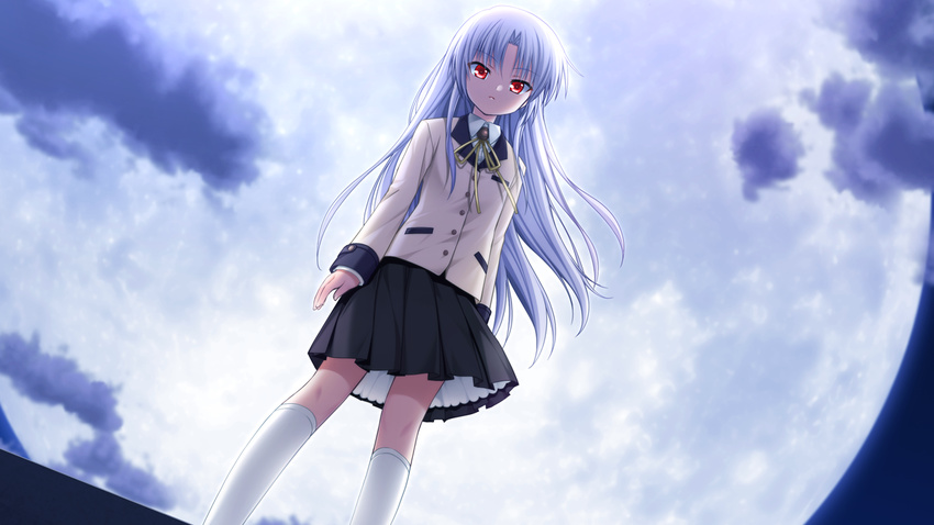 angel_beats! cloud game_cg kneehighs long_hair moon na-ga night red_eyes school_uniform sky solo tenshi_(angel_beats!)