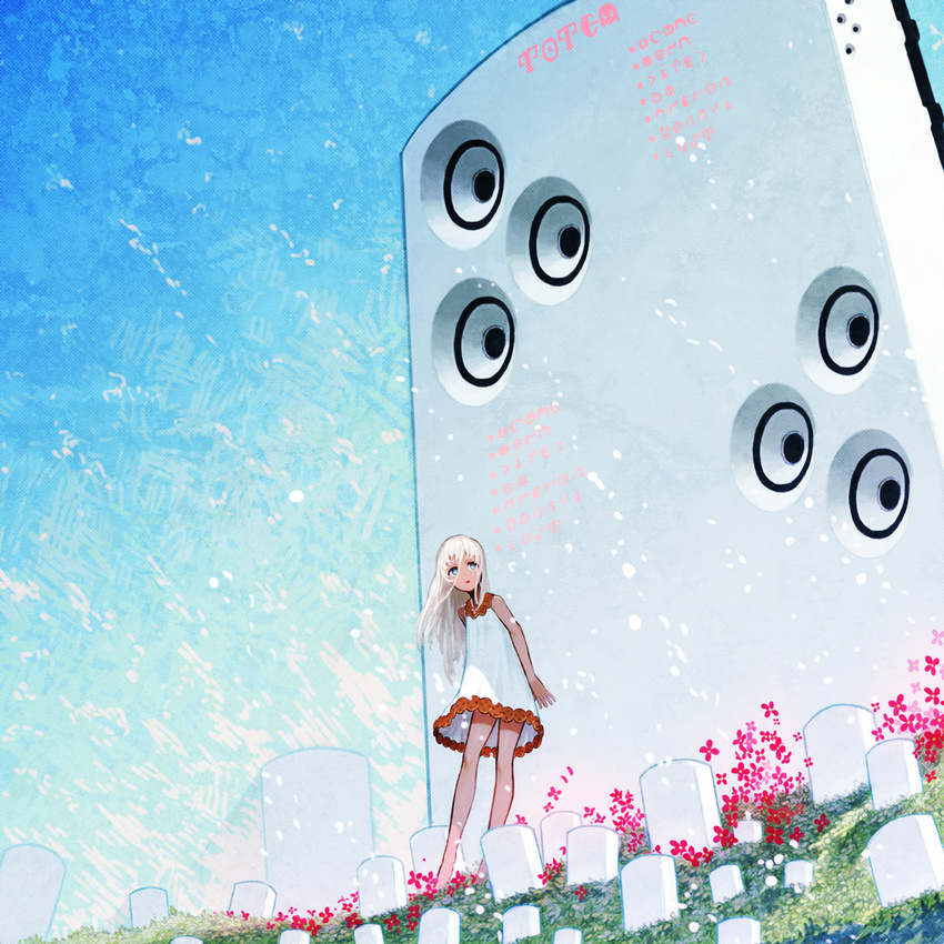 arms_at_sides asgr blue_eyes dress flower gradient hecatoncheir highres leaning_back long_hair looking_up original polka_dot polka_dot_background snow solo standing sundress surreal white_hair