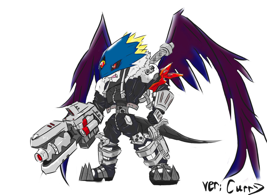 1boy arm_cannon artist_name beelzebumon beelzebumon_blast_mode belt black_wings cannon chibi demon digimon fangs fur_coat gauntlets grey_skin gun jacket leather male_focus mask monster no_humans red_eyes seven_great_demon_lords short_hair shoulder_pads solo spikes tail third_eye weapon white_background wings