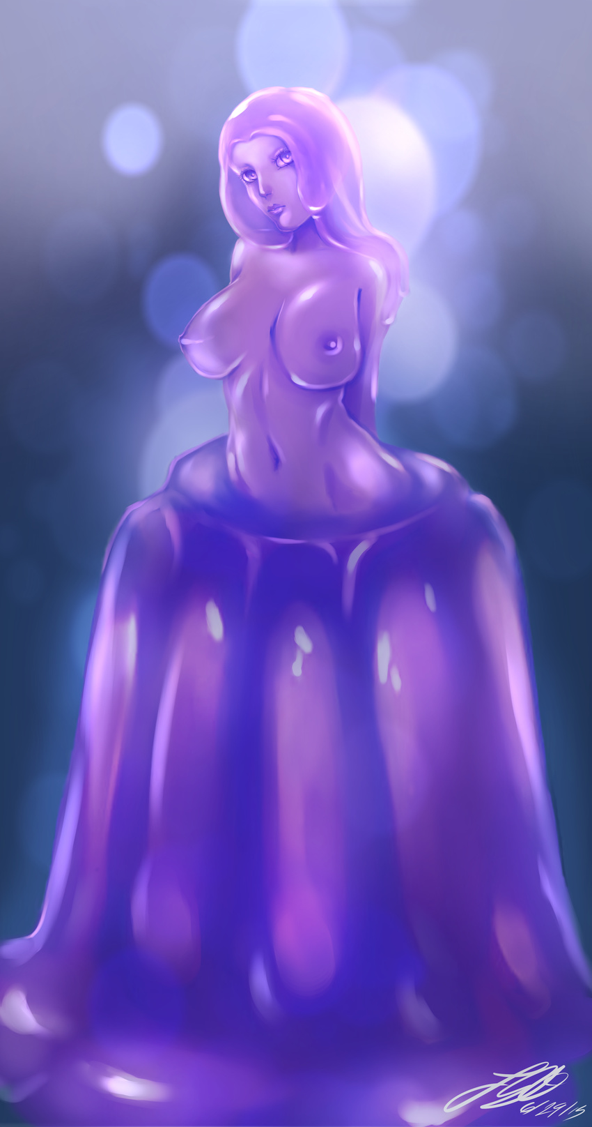 1girl artist_request breasts female gradient gradient_background large_breasts largebreasts looking_at_viewer monster_girl ooze purple solo