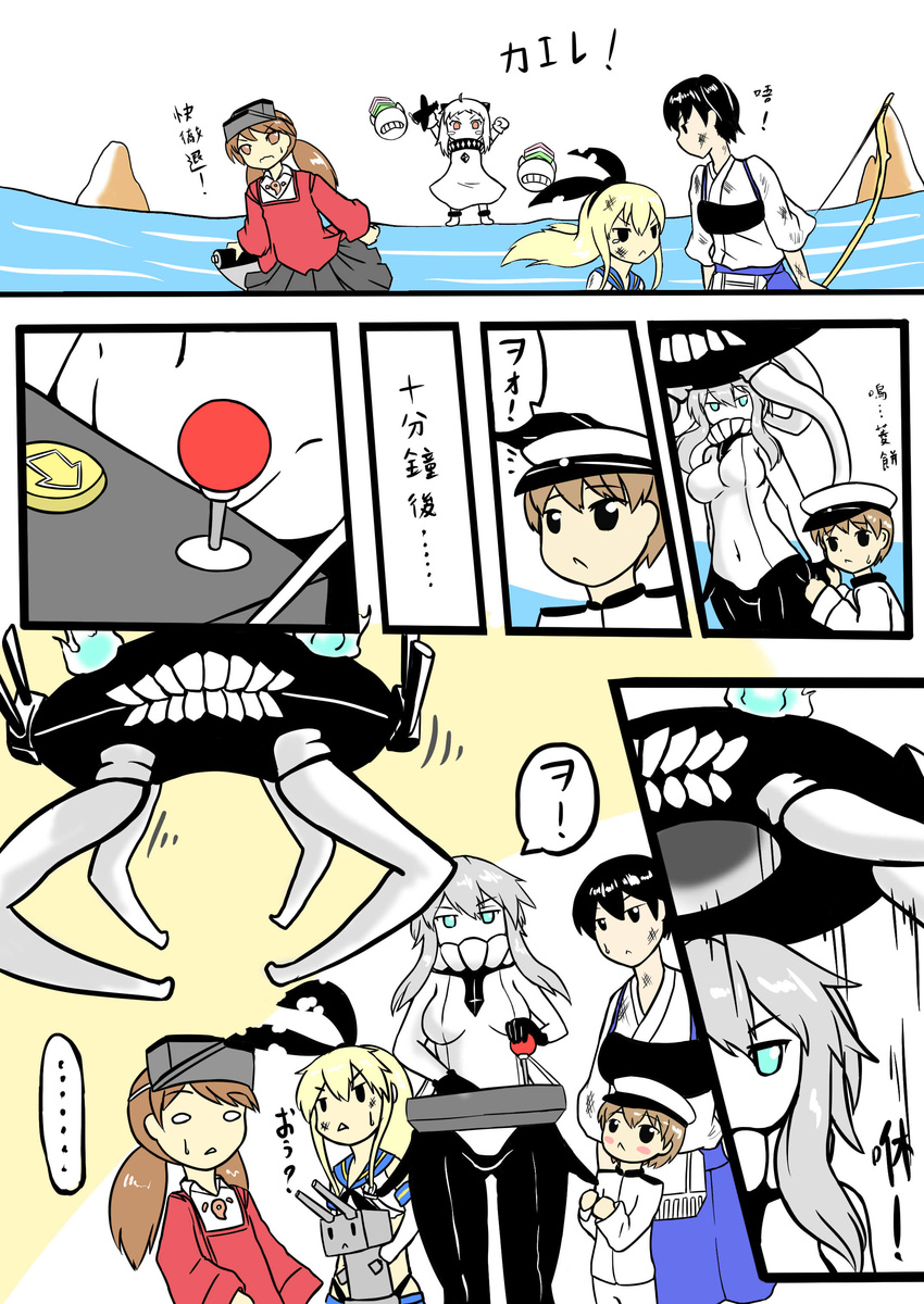 1boy absurdres anklet brown_hair comic controller crane_game gloves highres hishimochi japanese_clothes jewelry joystick kaga_(kantai_collection) kago_(htpxr) kantai_collection little_boy_admiral_(kantai_collection) long_hair mittens multiple_girls muneate northern_ocean_hime ryuujou_(kantai_collection) shimakaze_(kantai_collection) shinkaisei-kan short_hair side_ponytail translated twintails wo-class_aircraft_carrier