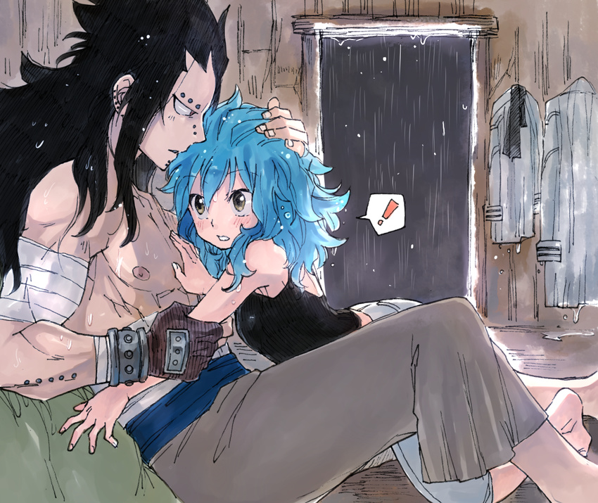 1boy 1girl arm_holding bandages black_hair blue_hair blush couple eyebrow_piercing fairy_tail gajeel_redfox hand_on_another's_chest hand_on_another's_head hetero levy_mcgarden messy_hair nose_piercing piercing rusky shirtless spoken_exclamation_mark surprised wet wet_hair