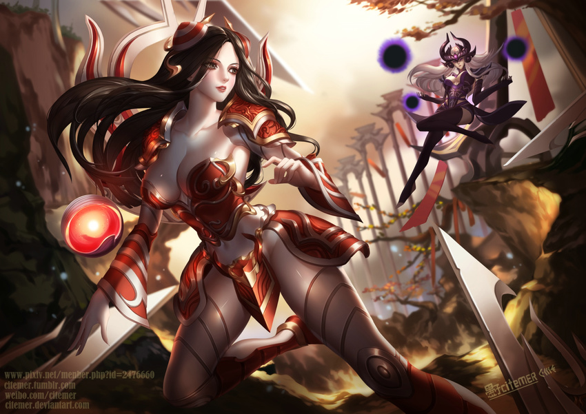 armor battle black_hair blade blurry breasts citemer cleavage depth_of_field double_bun duel ear_protection energy_ball forehead_jewel forehead_protector gloves hair_ornament highres irelia large_breasts league_of_legends long_hair looking_at_another multiple_girls no_panties orb pauldrons purple_eyes revealing_clothes silver_hair syndra thighs vambraces very_long_hair weapon