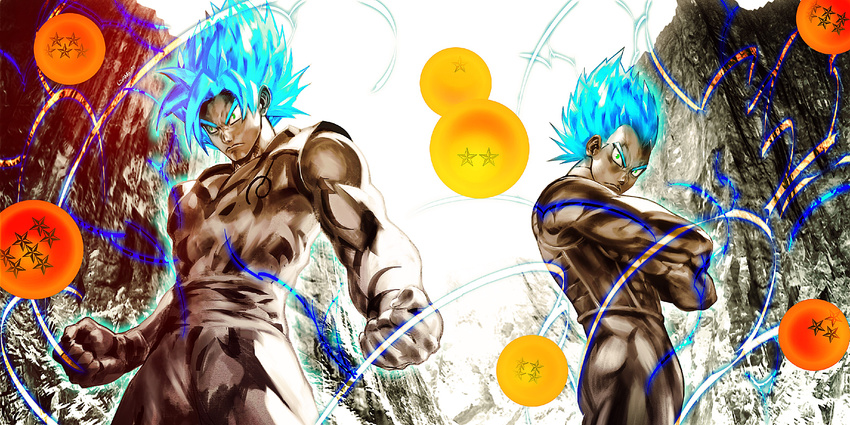 blue_eyes blue_hair clenched_hands crossed_arms dougi dragon_ball dragon_ball_(object) dragon_ball_z dragon_ball_z_fukkatsu_no_f fighting_stance glowing glowing_eyes glowing_hair highres larry_d_warren_jr. male_focus multiple_boys son_gokuu super_saiyan super_saiyan_blue vegeta