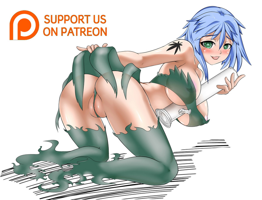 :3 :d areola_slip areolae ass bandeau bangs bent_over between_breasts blue_hair bong breasts covered_nipples english full_body green_eyes green_legwear green_panties hair_between_eyes holding kneeling large_breasts lifted_by_self logo looking_at_viewer looking_back marijuana monster_girl open_mouth original panties partially_visible_vulva patreon_logo personification raised_eyebrows see-through shadow short_hair sirat111 skirt skirt_lift smile solo tattoo thighhighs thong underwear watermark wedgie