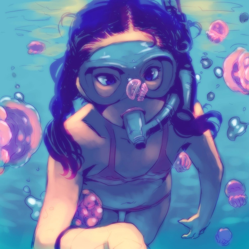 bikini black_hair commentary_request diving_mask diving_mask_on_eyes flat_chest highres honzawa_yuuichirou jellyfish long_hair nana_trongratanawong real_life snorkel snorkel_in_mouth solo swimsuit underwater